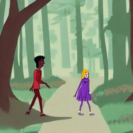 Prompt: screenshot from an animated 80s movie of a girl and tall monster walking through the woods