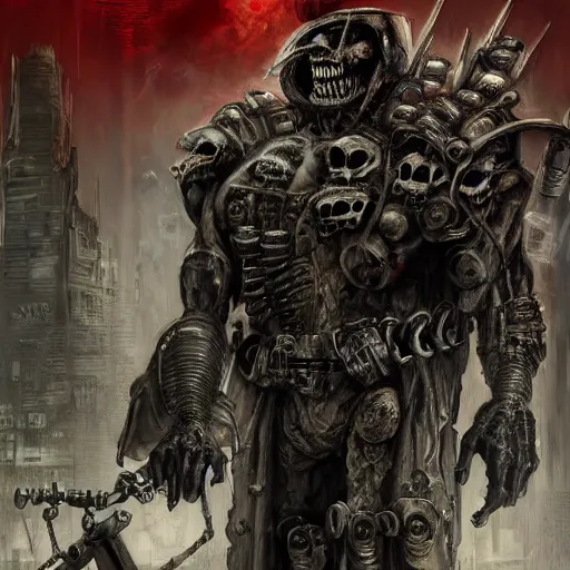 Image similar to a terrifying portrait of judge death as a sherman tank in a cyberpunk city by simon bisley, extremely hyperdetailed, extreme photorealism, eerie low lighting, disturbing evil atmosphere, mixed media illustration, masterpiece, horror, long fangs and claws, intricate, highly detailed, 8 k, artstation, concept art, smooth, sharp focus, full color