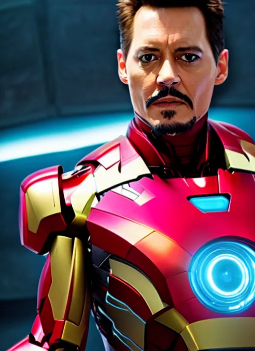 Image similar to film still of Johnny Depp as Tony Stark in Iron Man, 4k