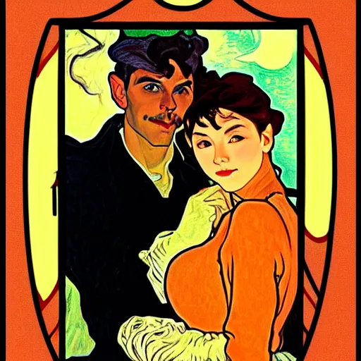 Prompt: painting of handsome young beautiful jeff and gorgeous rina together at the jack o'lantern halloween party, elegant, soft features, delicate facial features, clear, painting, stylized, art, art by alphonse mucha, vincent van gogh, egon schiele,