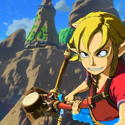 Image similar to a screencap of the legend of zelda breath of the wild, of one piece's luffy in breath of the wild