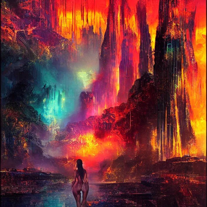 Prompt: kim kardashian, abstract, concept art, digital painting, noir, backlit, bokeh, neon lights, atmospheric, by bruce pennington, by wayne barlowe