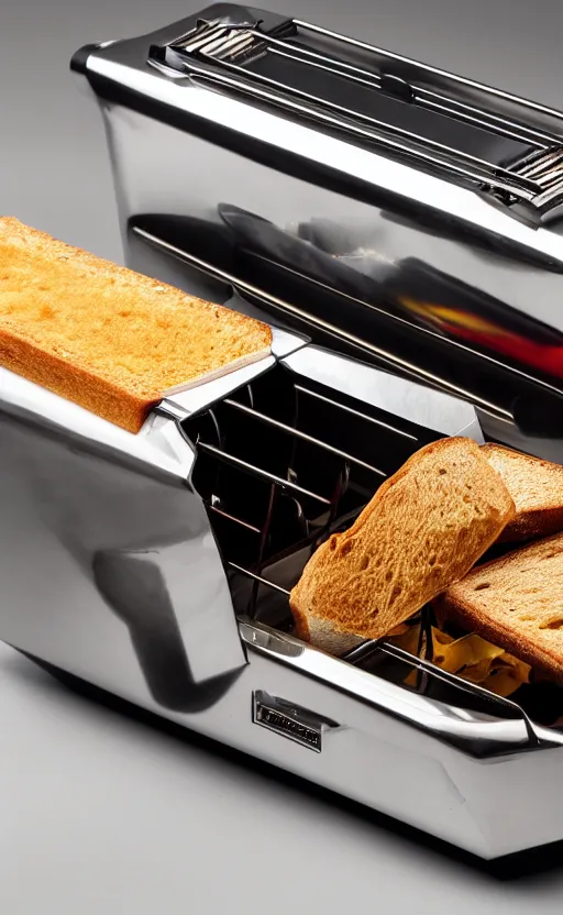 Prompt: a lamborghini brand toaster with bread in slots, shiny, bright colors, aggressive angular design, professional studio product shot for a magazine with words, photograph
