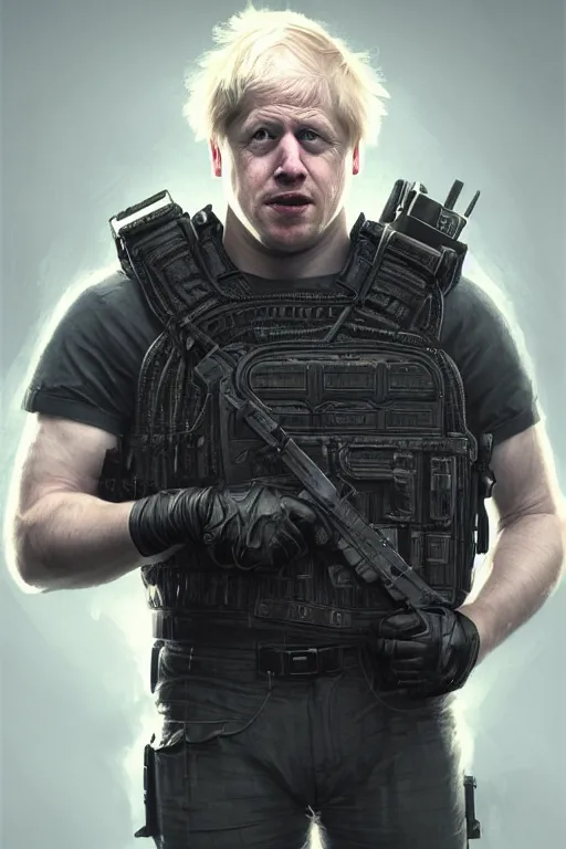 Prompt: Boris Johnson as Punisher, bulletproof vest, realistic portrait, symmetrical, highly detailed, digital painting, artstation, concept art, smooth, sharp focus, illustration, cinematic lighting, art by artgerm and greg rutkowski and alphonse mucha