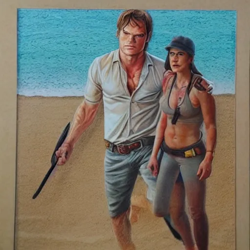 Prompt: dexter Morgan and Indiana jones go to the beach, portrait, highly detailed, colored pencil