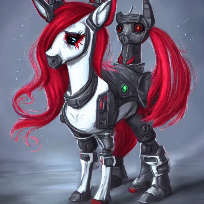 Image similar to Fallout Equestria Project Horizons | Blackjack Character Fanart | White MLP Unicorn Mare with red and black shaggy hair, and bright, robotic eyes. | Trending on ArtStation, Digital Art, MLP Fanart, Fallout Fanart | Hyperrealistic CGI Photorealistic Cyborg Unicorn