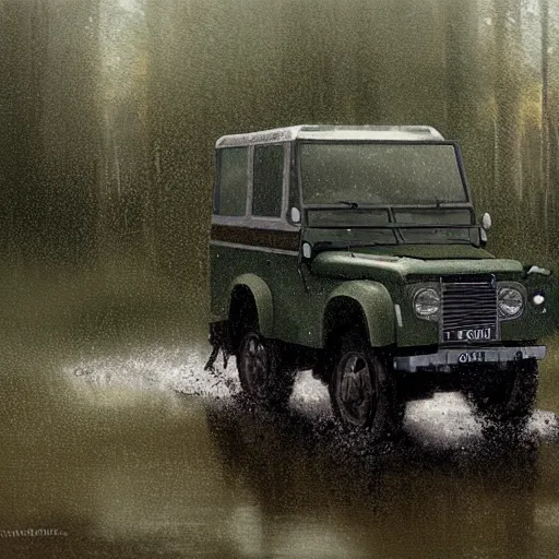 Image similar to a landrover crossing the a swamp while its raining, digital art, artstation, photgraphy, highly detailed, digital painting, artstation, concept art, sharp focus, illustration, art by greg rutkowski and artgerm