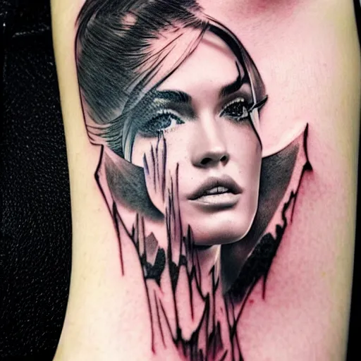 Image similar to double - exposure tattoo sketch of megan fox face and beautiful mountains, mash up, blending, in the style of dan mountford