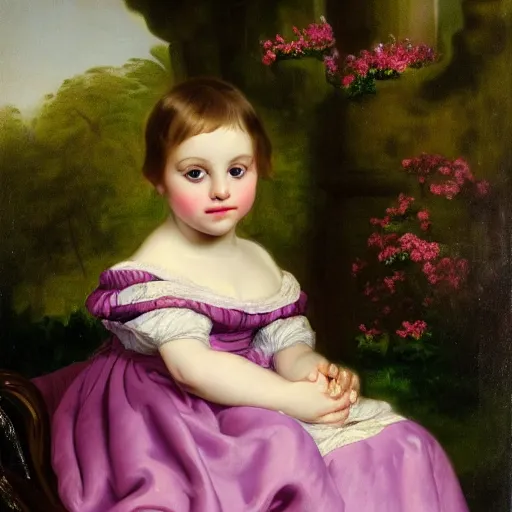 Image similar to portrait of a german toddler princess sitting down in a silk lavender gown, circa 1 8 3 7, by carl joseph begas, highly detailed, beautiful, oil on canvas, 1 8 3 0 s, romanticism