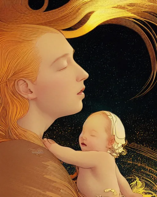 Image similar to a beautiful maiden caressing a baby girl with golden hair, close up, digital art, illustrated by james gurney and victo ngai