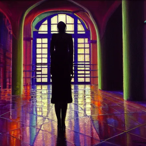 Image similar to scene, moment, beautiful woman, courtyard, capital, cybermosque interior, control panel, watcher, omniscient, tech noir, wet reflections, impressionism, matte painting, speed painting, chiaroscuro, oil on canvas