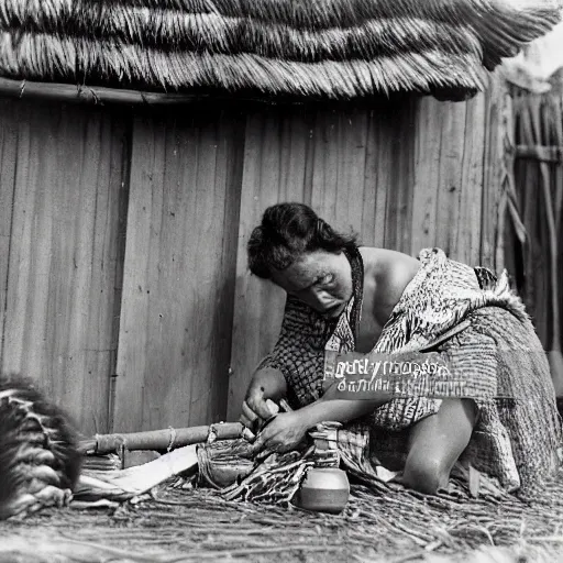 Prompt: a maori woman prepares weta carapaces outside her whare in the 1 9 4 0's.