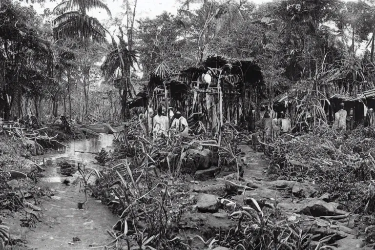 Prompt: a 1 9 0 5 colonial photograph of a african metrostation in a village at the river bank of congo, thick jungle, scary, evil looking, wide angle shot