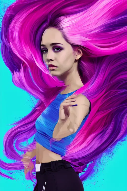 Image similar to a award winning half body porttrait of a beautiful woman in a croptop and cargo pants with ombre purple pink teal hairstyle with head in motion and hair flying, paint splashes, outrun, vaporware, shaded flat illustration, digital art, trending on artstation, highly detailed, fine detail, intricate