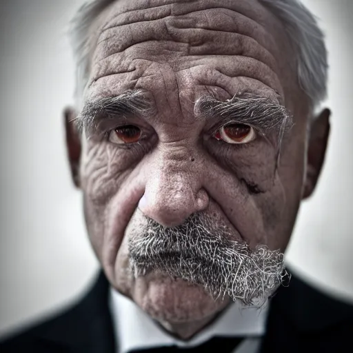 Image similar to photograph of old man wearing suit, sinister, dark circles under eyes, overweight, sagging skin, caucasian, hair becoming gray, sigma 85mm f/1.4, 4k, depth of field, high resolution, 4k, 8k, hd, full color