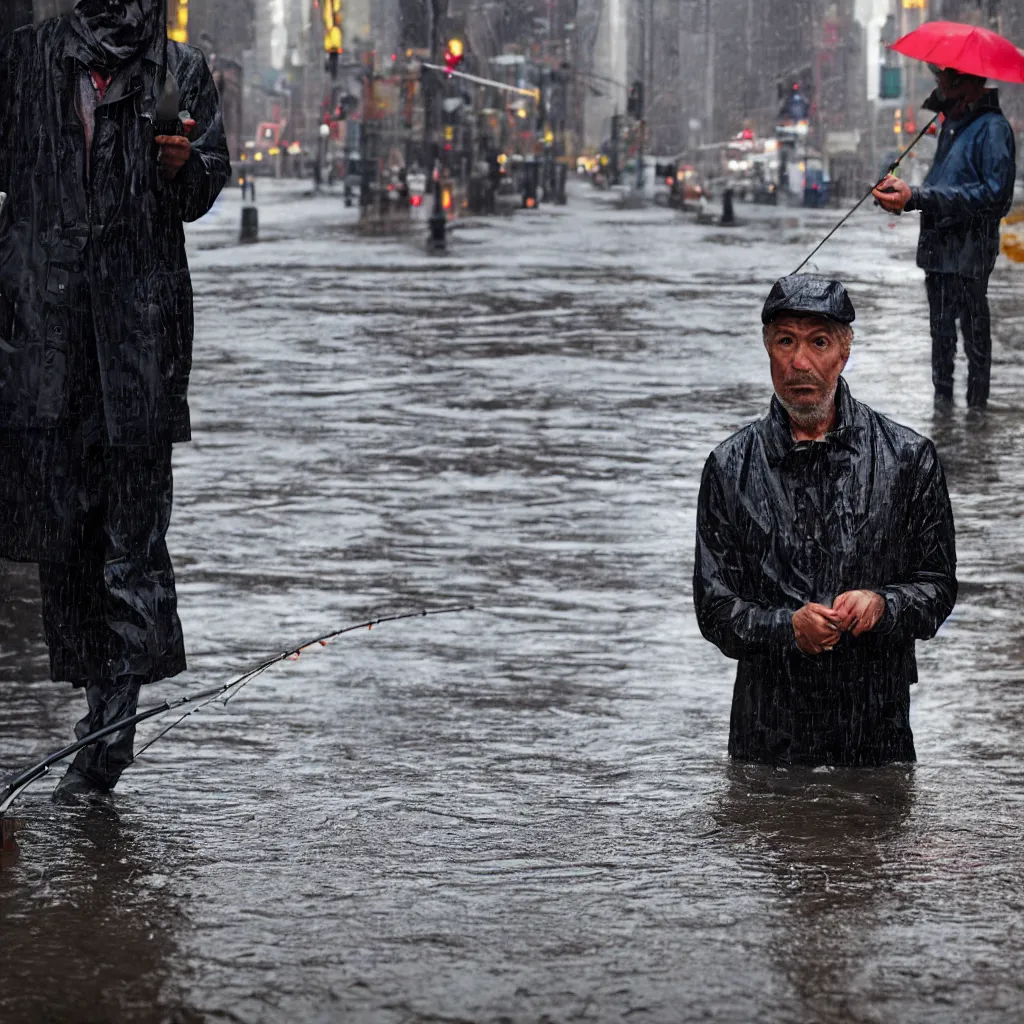 Prompt: closeup portrait of a man fishing in a puddle rainy new york street, by Steve McCurry and David Lazar, natural light, detailed face, CANON Eos C300, ƒ1.8, 35mm, 8K, medium-format print