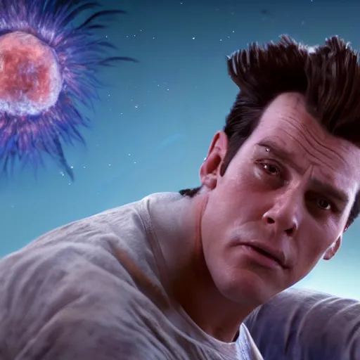 Image similar to hyperrealistic film still of ace ventura in space, his body violently exploding, stunning 3 d render, inspired by istvan sandorfi & greg rutkowski & unreal engine, perfect symmetry, dim volumetric cinematic lighting, 8 k octane comprehensive render, extremely hyper - detailed, incredibly lifelike attributes, intricate, real flesh texture, masterpiece, artstation, stunning,