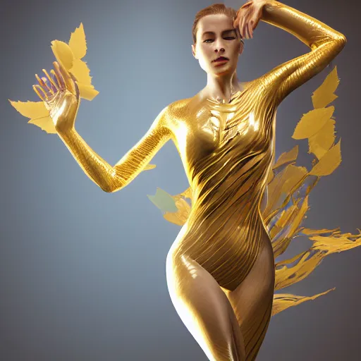 Prompt: a highly detailed digital image of an elegantly posed futuristic woman beautifully swimming, and intertwined from golden liquid like leaves, full body shot, by Andrew Chiampo, artstation, and Frederik Heyman, extremely detailed woman, stunning volumetric lighting, hyper realism, fantasy 4k