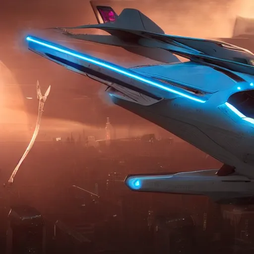 Image similar to cyberpunk alien concept of the a - team van with a pair of airplane wings on the sides flying trough the sky, futuristic look, highly detailed body, very powerful, photorealistic camera shot, crisp quality and light reflections, unreal engine 5 quality render