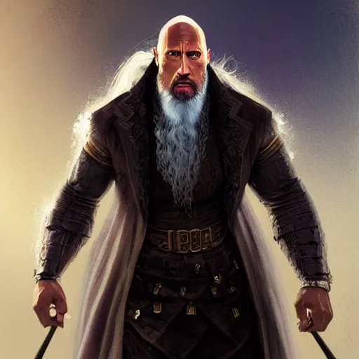 Image similar to Dwayne Johnson as Albus Dumbledore, western, D&D, fantasy, intricate, elegant, highly detailed, digital painting, artstation, concept art, matte, sharp focus, illustration, art by Artgerm and Greg Rutkowski and Alphonse Mucha