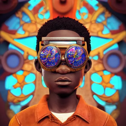 Prompt: colourful vfx upper half - 3 d portrait - art of a nigerian boy wearing steam punk goggles, art by utagawa kunisada, james jean & alphonse mucha, symmetrical, intricate detail, concept art, volumetric light, ray tracing, caricature, digital illustration, octane 3 d render, unreal engine, sharp, pinterest, behance, art station,