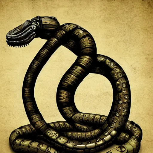 Image similar to a steampunk robotic snake, dark background, super - detailed, photo - realistic,