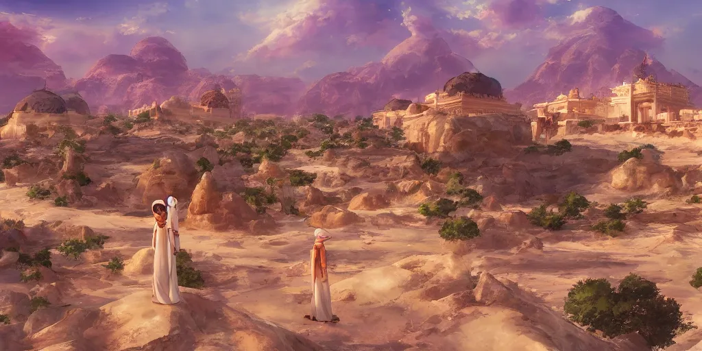 Image similar to a stunning desert landscape with an arabian palace on the horizon by makoto shinkai