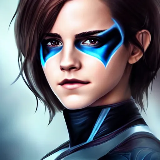 Image similar to emma watson as nightwing, realistic, intricate, elegant, art by artgerm and wlop