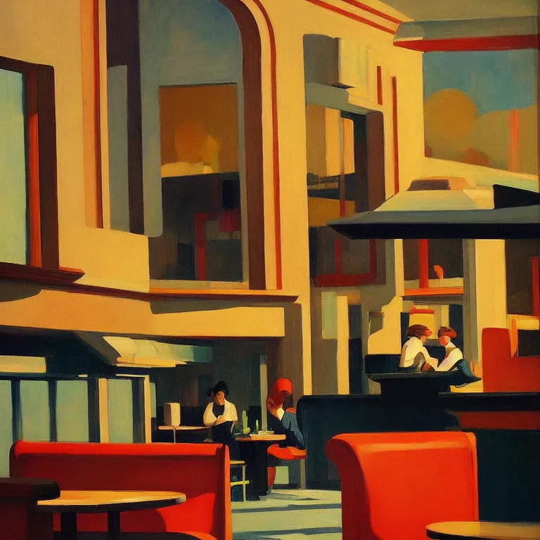 Prompt: inside a diner, painted by Edward Hopper, painted by James Gilleard, airbrush