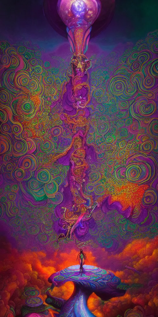 Image similar to An extremely psychedelic abstract illustration of gatewat to celestial dreams, colorful, surreal, dramatic lighting, magic mushrooms, psilocybin, LSD, detailed, intricate, elegant, highly detailed, digital painting, artstation, concept art, smooth, sharp focus, illustration, art by Krenz Cushart, greg rutkowski and zdzislaw beksinski and alphonse mucha, unreal engine 5 render, 8k