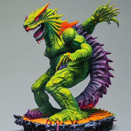 Prompt: a kaiju figurine super detailed oil painting with muted fluo colors