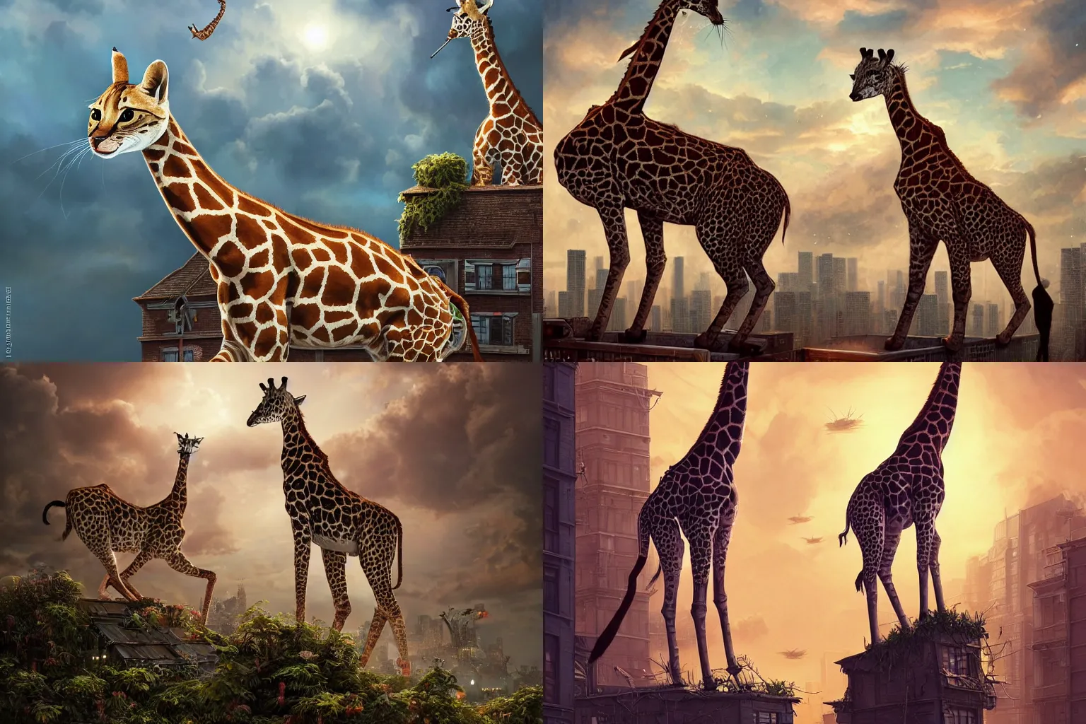 Prompt: a cat as giraffe standing on the rooftop, big giraffe, fantasy, illustration, intricate, epic lighting, cinematic composition, hyper realistic, 8 k resolution, by artgerm, tooth wu, dan mumford, beeple, wlop, rossdraws, james jean, andrei riabovitchev, marc simonetti, yoshitaka amano, artstation