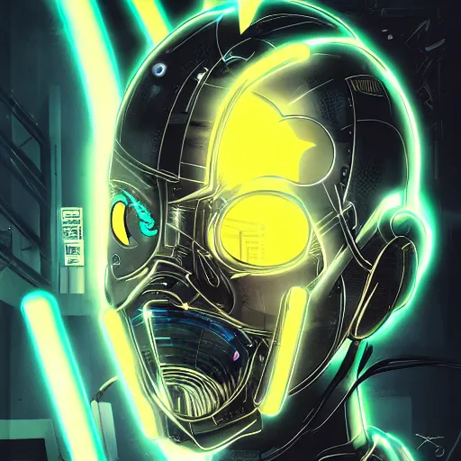 Image similar to Male cyborg, battle-damaged, wearing facemask, youthful face, blue eyes, backlit by neon, headshot, sci-fi, wires, cables, lenses, gadgets, Digital art, detailed, anime, artist Katsuhiro Otomo