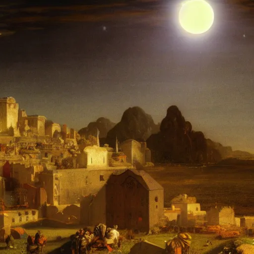 Image similar to dark solar eclipse, above a village, highly detailed, studio 4 k quality, by arnold bocklin