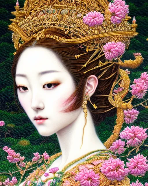 Prompt: portrait of a beautiful goddess of nature, graceful beauty, esoteric, ornamental, nature and floral aesthetics, other worldly colors, head in focus, intricate, elegant, highly detailed, artstation, artistic, concept art, hasselbrad photography, sharp focus, art style by chie yoshii