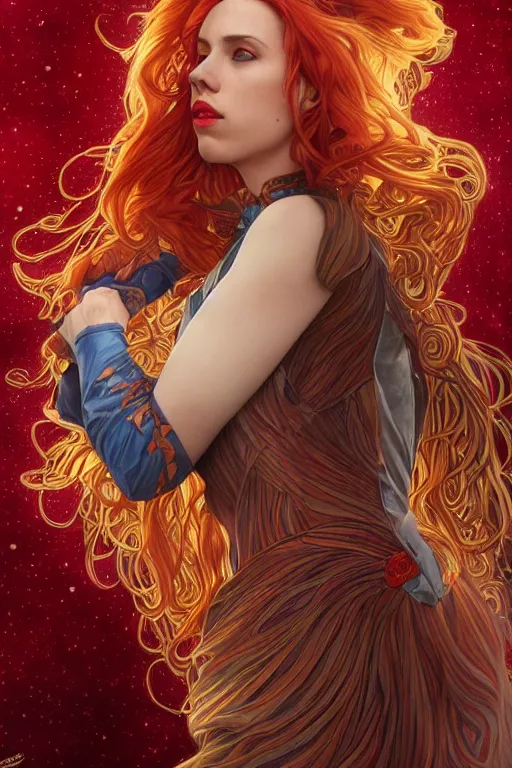 Image similar to celestial scarlett johansson anthropomorphic irish setter, by artgerm and yoshitaka amano and moebius and alphonse mucha, hyperdetailed, dc comics, ornate, nebula, explosions in the sky, trending on artstation