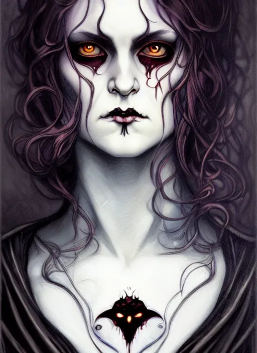 Prompt: an art nouveau, evil vampire portrait in the style of charlie bowater, and in the style of donato giancola, and in the style of charles dulac. very large, clear, expressive, intelligent eyes. symmetrical, centered, ultrasharp focus, dramatic lighting, photorealistic digital painting, intricate ultra detailed background.