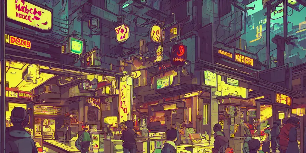 Prompt: a busy backalley cyberpunk mcdonalds by kirokaze, coherent, golden arches, burger place