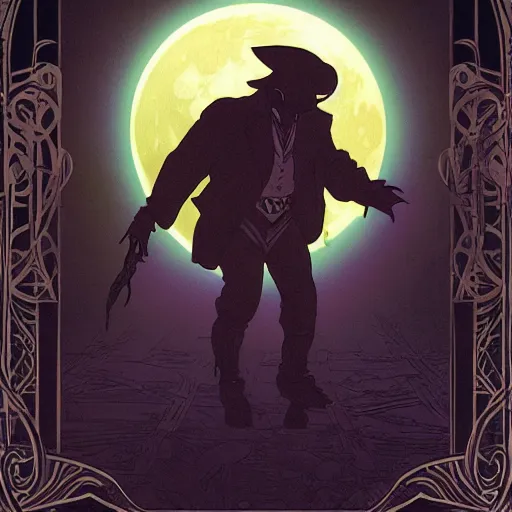 Image similar to an ultra detailed vector image of darkening duck being chased by the hunter from bloodborne, concept art by alphonse mucha and greg rutkowski, scary shadows, blood moon eclipse, polaroid octane render, laminal space