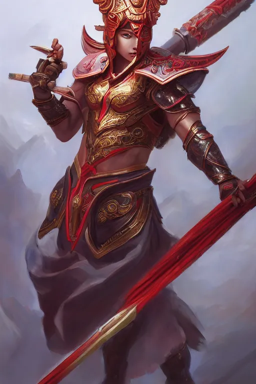 Image similar to a masterpiece portrait of nezha, legendary slim male god holding spear and red armor, bomb, fantasy character portrait, hyper detailed, digital painting, 8 k realistic, trending on artstation, sharp focus, dof, by fenghua zhong, artgerm, ne zha from smite, tsuyoshi nagano, flame everywhere