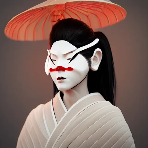 Image similar to japanese geisha robot android portrait, kabuki mask, cyberpunk, minimalistic in the style of ash thorp, beautiful, cinematic lighting, octane renderer, unreal engine 5