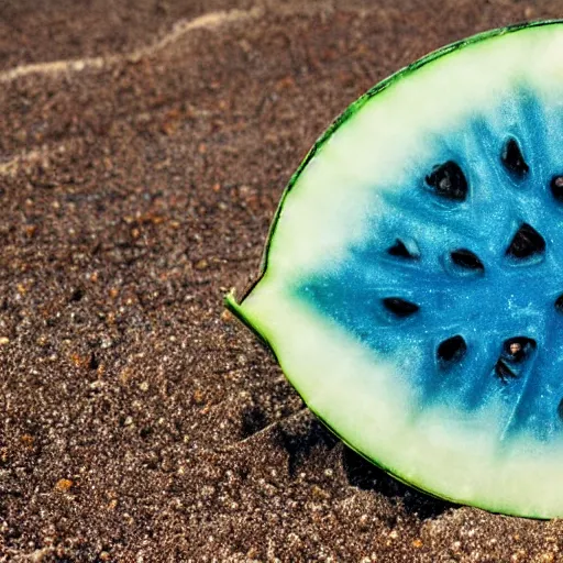 Prompt: a blue watermelon on a beach.