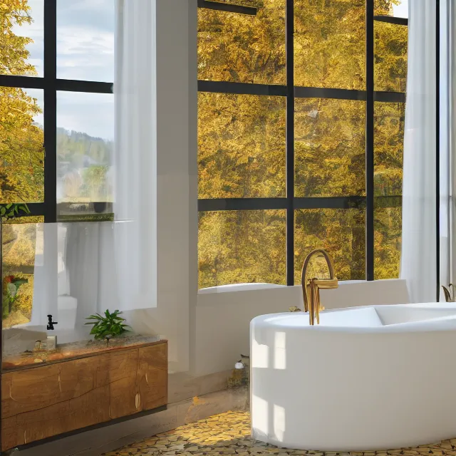 Prompt: post and beam bathroom interior, bathtub with golden faucet, wood cabinets, marble floor, large window in back with new hampshire fall foliage river view, large potted plant, realistic, unreal engine render, octane render, hyper realistic, photo, 8 k