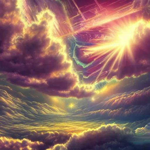 Prompt: vastly expanding lush otherwordly infnites of beautiful surreal scenery artwork pixiv. gigantic architectural modern design node network of cloud computing soul dust. unthinkable dream cloud computer infinites. sublime god lighting, sun rays, cold colors. insanely detailed, artstation!! pixiv!! infinitely detailed