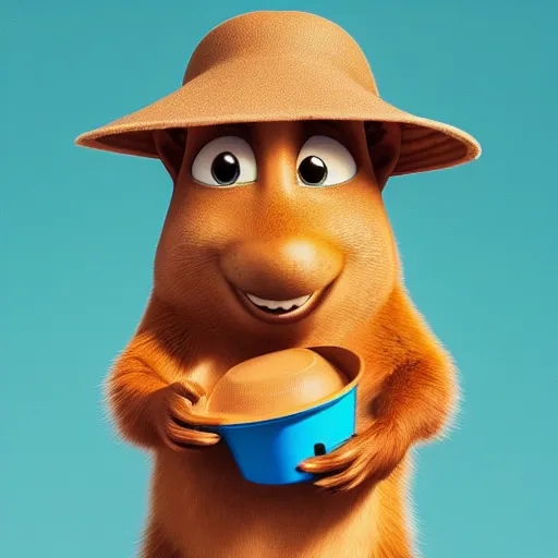 Image similar to a squirrel wearing a bucket hat. pixar.