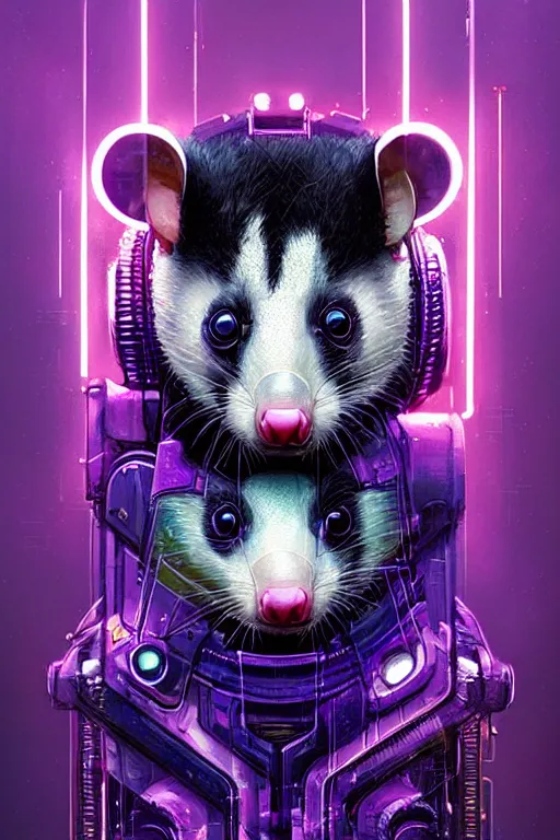 Image similar to a beautiful portrait of a cute cyberpunk opossum by sandra chevrier and greg rutkowski and wlop, purple blue color scheme, high key lighting, volumetric light, digital art, highly detailed, fine detail, intricate, ornate, complex, octane render, unreal engine, photorealistic