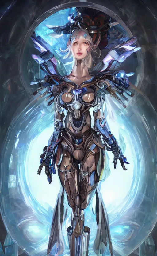 Prompt: Alluring Elf Princess knight, ((((Futuristic Cyborg goddes))), she is inside of a cryogenic capsule. By Frank Lloyd Wright, by Rembrandt (1667), concept art, inrincate, sharp focus, digital painting, unreal engine, cgsociety, neoclassical, mech, robot, fractal flame, cinematic, overwatch skin, highly detailded