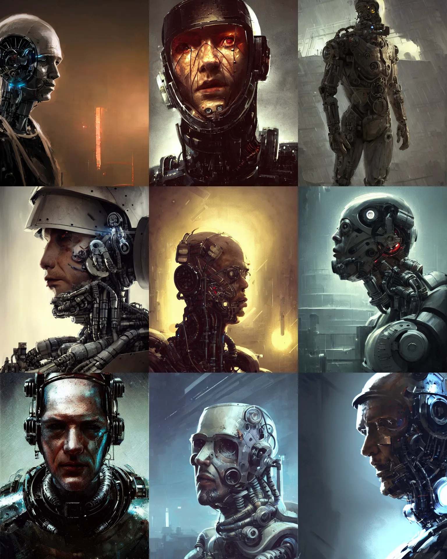 Image similar to a half - masked rugged laboratory engineer man with cybernetic enhancements as seen from a distance, scifi character portrait by greg rutkowski, craig mullins, 1 / 4 headshot, cinematic lighting, dystopian scifi outfit, profile picture, mechanical, cyborg, half robot, dieselpunk