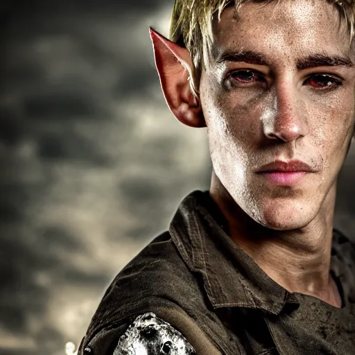 Prompt: close up headshot of a skinny high-fantasy elf with a long face narrow chin and spiky blonde hair wearing dark brown overalls and holding a bomb next to a destroyed car, gel spiked blond hair, high resolution film still, HDR color