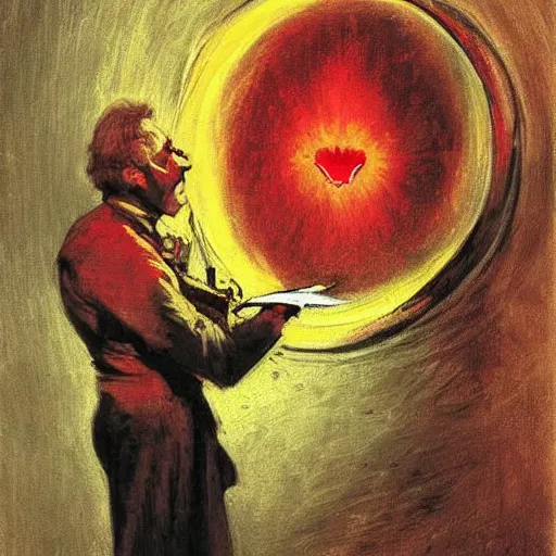 Image similar to A digital art. A rip in spacetime. Did this device in his hand open a portal to another dimension or reality?! cardinal by Harriet Backer, by Simon Bisley straight, sinister